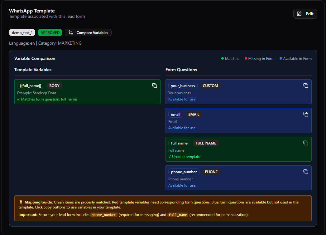 Lead form compare variables