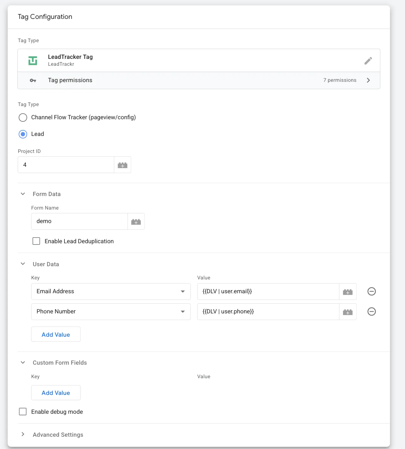 LeadTrackr tag configuration