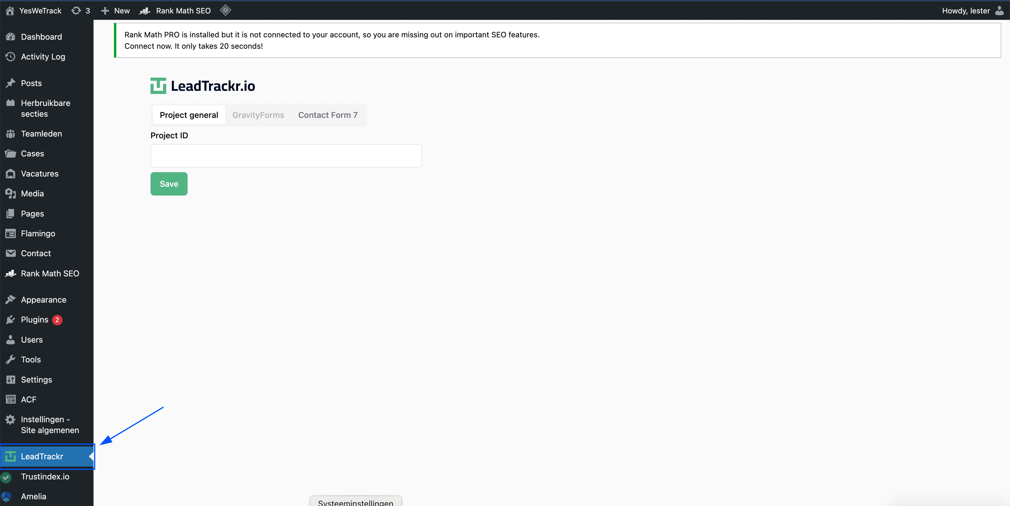 LeadTrackr in admin menu
