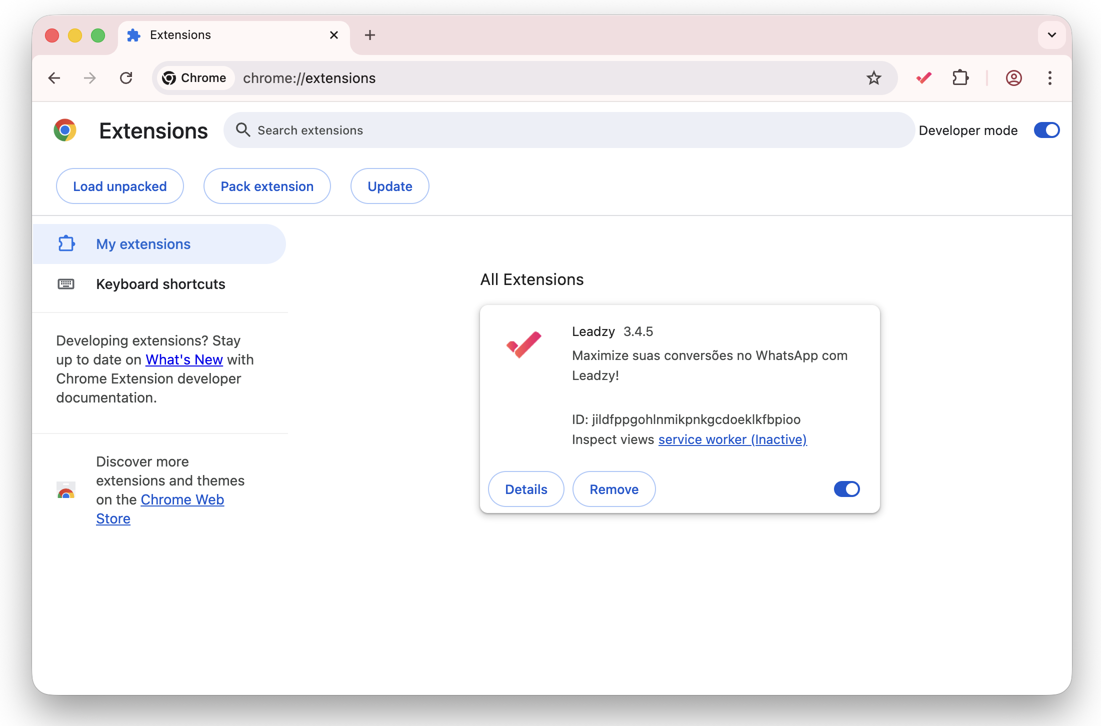 Página de extensões do Chrome com Modo Desenvolvedor ativado