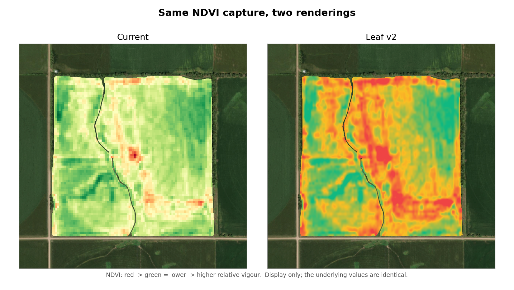 Current versus Leaf v2 NDVI rendering of the same field