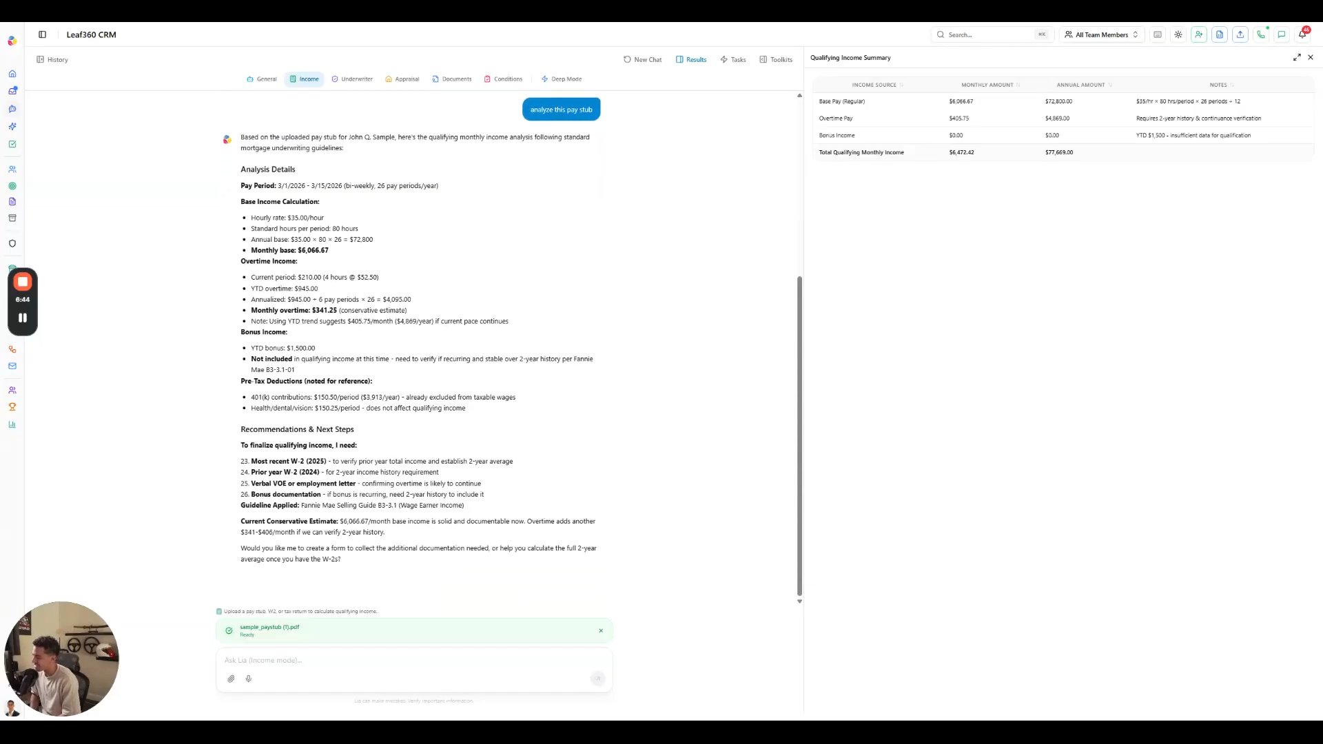 LIA Results panel showing a qualifying income summary and base income calculation