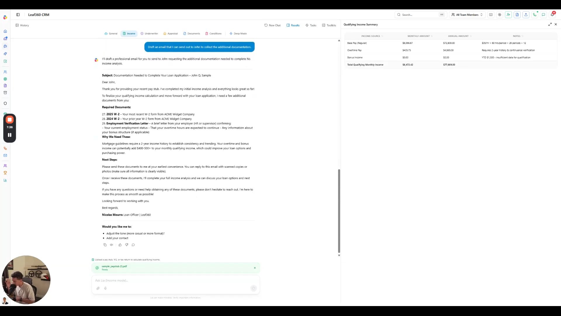 Drafted email listing required documents and next steps for the borrower