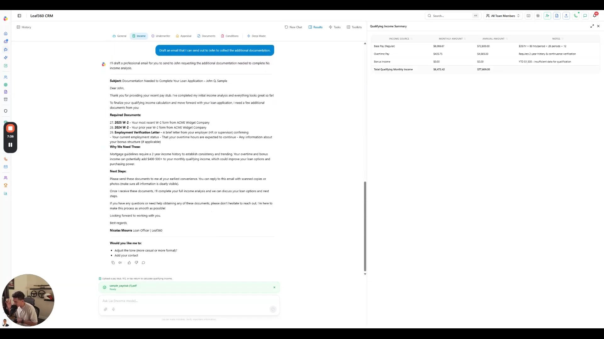 Drafted email listing required documents and next steps for the borrower
