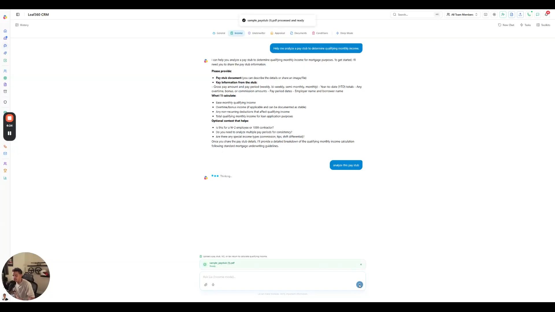 Ask LIA chat with a sample pay stub attached and marked Ready