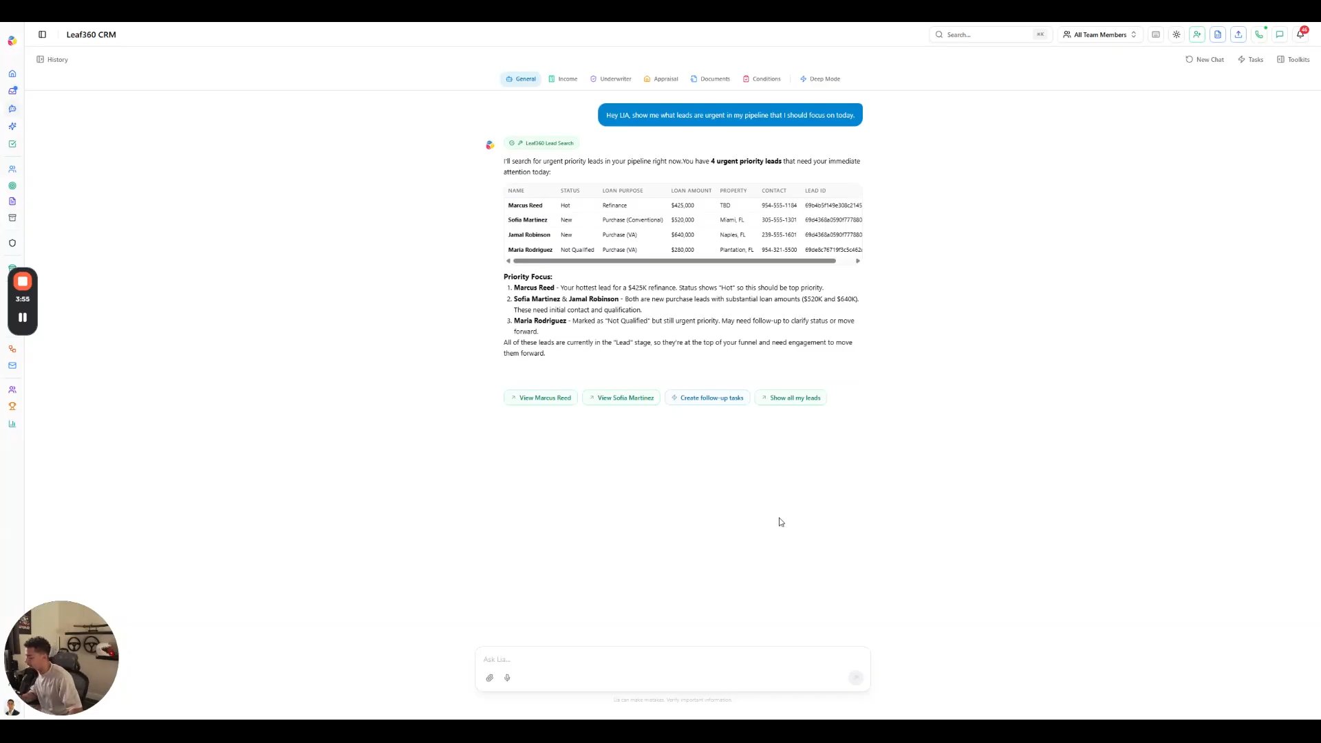 LIA results panel listing four urgent leads with a priority focus summary