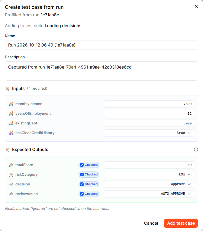 The Create test case from run dialog, prefilled from a production run and adding to the Lending decisions test suite, with the four inputs and four checked expected outputs