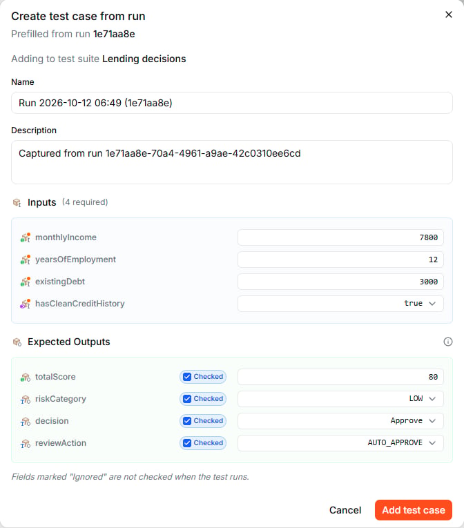 The Create test case from run dialog, prefilled from a production run and adding to the Lending decisions test suite, with the four inputs and four checked expected outputs