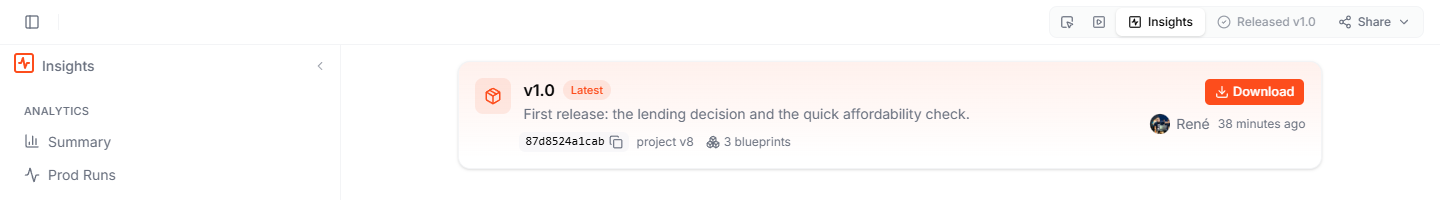 Insights with the Releases section open — release v1.0 marked Latest, with its description, Content ID, project v8, 3 blueprints, and the Download button