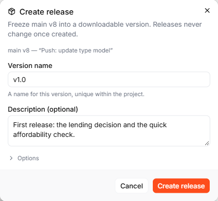 The Create release dialog for main v8 with the version name v1.0 and a short description filled in