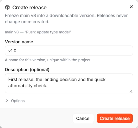 The Create release dialog for main v8 with the version name v1.0 and a short description filled in