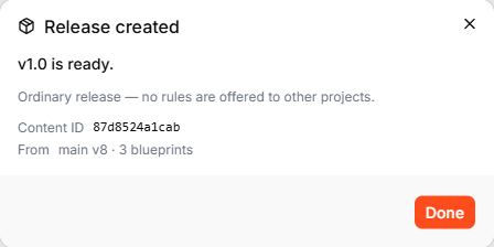 The Release created confirmation: v1.0 is ready, with its Content ID and the source main v8 with 3 blueprints