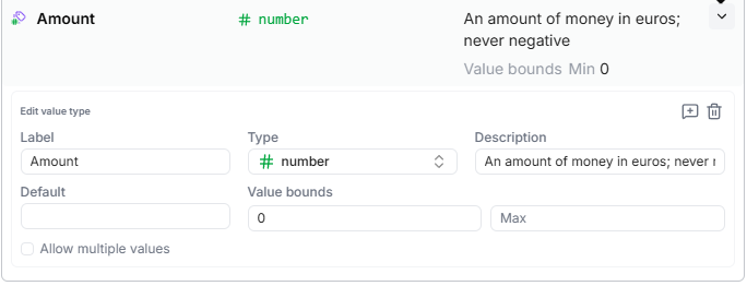 The Amount Value Type with its definition card open — Label, Type number, Description, Default, Value bounds with Min 0, and Allow multiple values