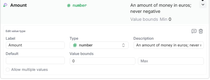 The Amount Value Type with its definition card open — Label, Type number, Description, Default, Value bounds with Min 0, and Allow multiple values