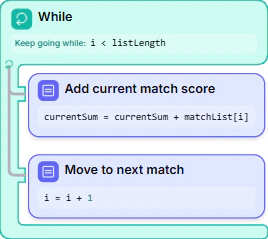 A While loop iterating over a list with an index, summing match scores into currentSum