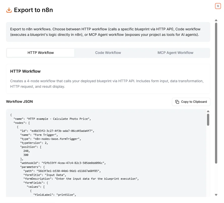 The Export to n8n dialog showing the HTTP Workflow tab with the workflow JSON