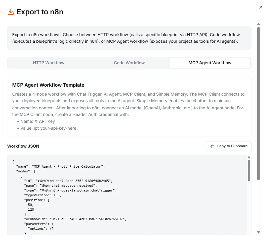 The Export to n8n dialog showing the MCP Agent Workflow tab