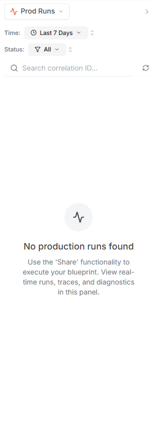 The Prod Runs panel showing a list of runs, with one expanded to show input data, output data, and a Replay button