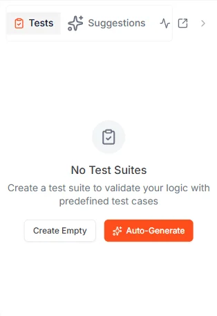 The Tests panel showing "No Test Suites" with Create Empty and Auto-Generate buttons