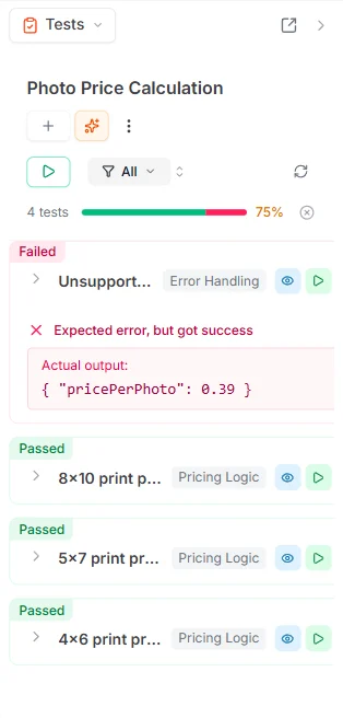 Test suite results showing 9 passed and 1 failed test with a 90% pass rate