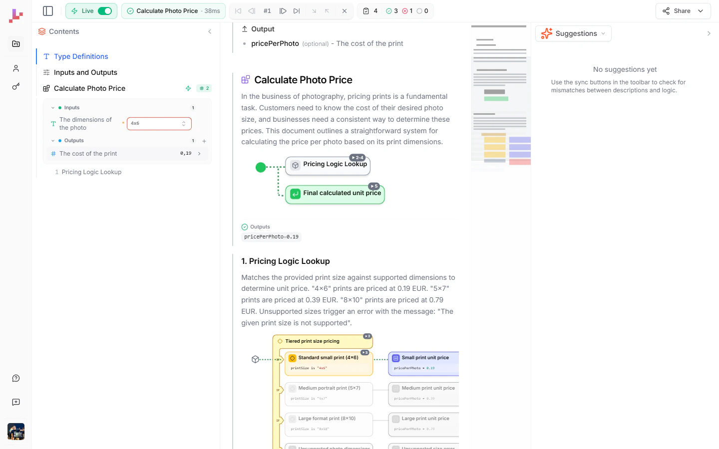 With Live mode on, the project re-runs on every change — the execution path is highlighted on each embedded diagram and the Outputs footer reflects the current values