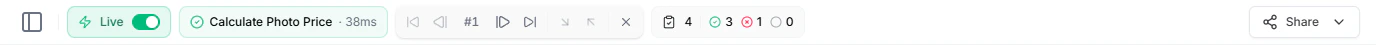 Top toolbar with active trace — Live indicator is on, the blueprint pill shows the execution time, and the trace controls (jump-first, previous, step counter, next, jump-last, step-into, step-out, exit-trace) are enabled, with test status counters on the right