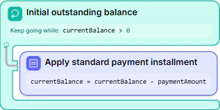 A While loop reducing currentBalance by paymentAmount until the balance is cleared