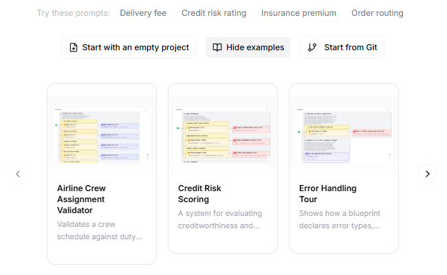 The examples carousel below the prompt field, showing the Airline Crew Assignment Validator, Credit Risk Scoring, and Error Handling Tour examples