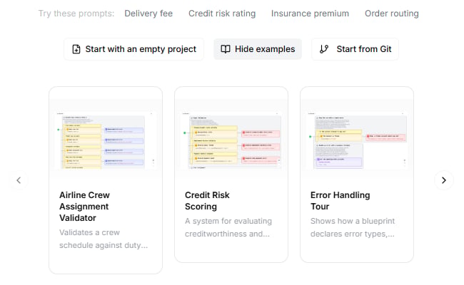 The examples carousel below the prompt field, showing the Airline Crew Assignment Validator, Credit Risk Scoring, and Error Handling Tour examples