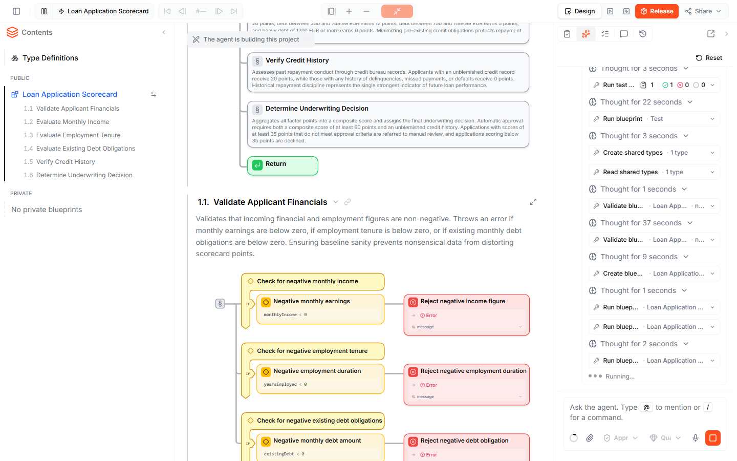 The Blueprint Editor while the agent builds the Loan Application Scorecard — the building banner, the Validate Applicant Financials section taking shape in the document, and the Agent panel listing its steps