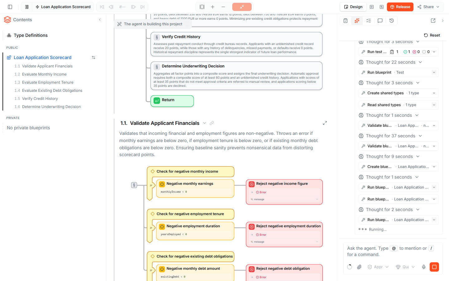 The Blueprint Editor while the agent builds the Loan Application Scorecard — the building banner, the Validate Applicant Financials section taking shape in the document, and the Agent panel listing its steps