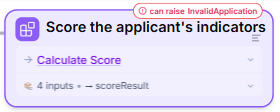 The Call node Score the applicant's indicators, calling Calculate Score with 4 inputs and storing the result as scoreResult, with the pill can raise InvalidApplication
