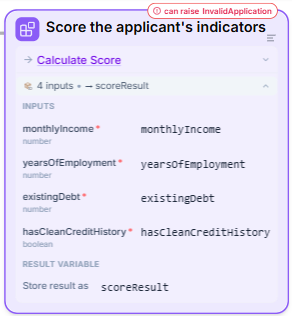 The expanded Call node — under Inputs, each input of Calculate Score with the expression that fills it, and under Result variable, Store result as scoreResult