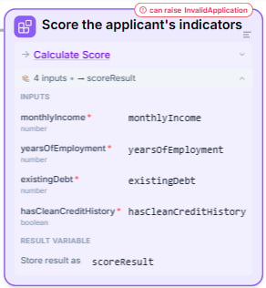 The expanded Call node — under Inputs, each input of Calculate Score with the expression that fills it, and under Result variable, Store result as scoreResult