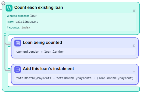The loop Count each existing loan over existingLoans, with two assignments inside that add up each loan's monthly payment
