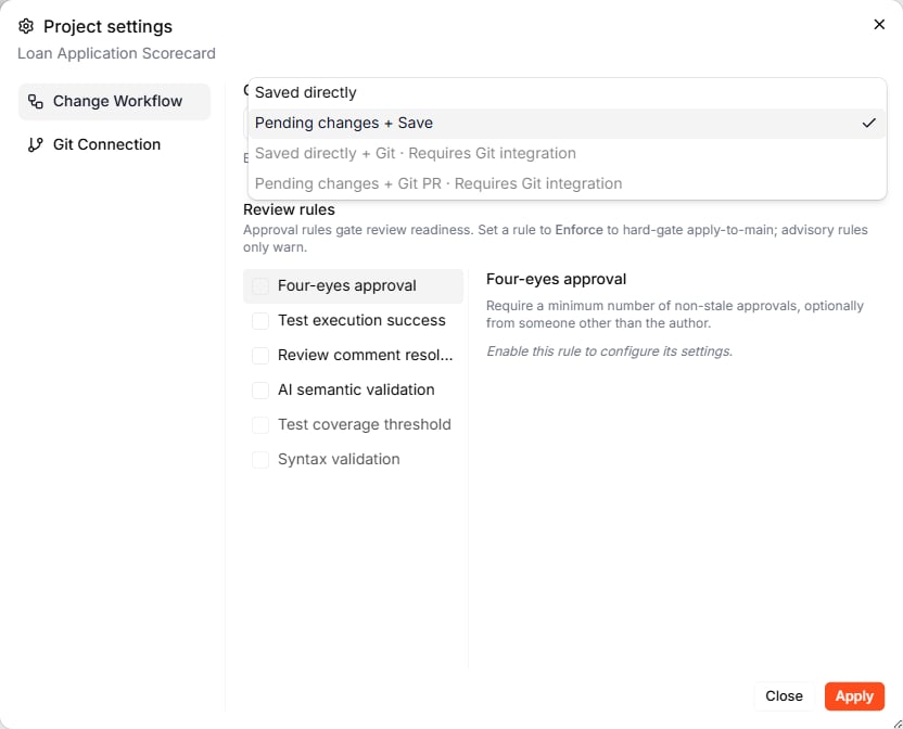 The project Change Workflow settings with the workflow dropdown open, showing Saved directly, Pending changes + Save, and two Git-based options that require a Git integration