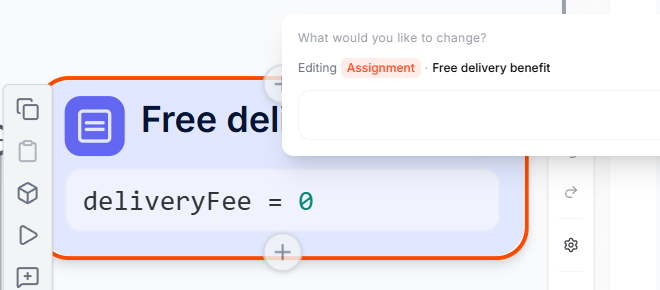 The AI prompt bar showing context "Editing Assignment · Free delivery benefit"