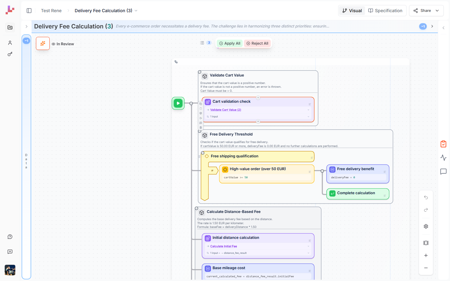 The full editor in Review mode — modified elements highlighted on the canvas with change indicators