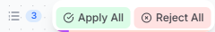 The review toolbar showing 3 changes, Apply All and Reject All buttons