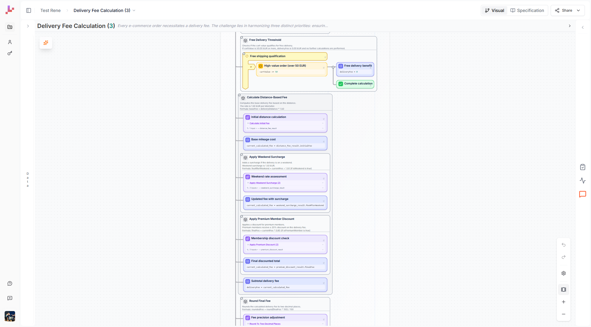 A Delivery Fee Calculation Blueprint showing Call nodes, Assignment nodes, Decision nodes, Return nodes, and group boxes