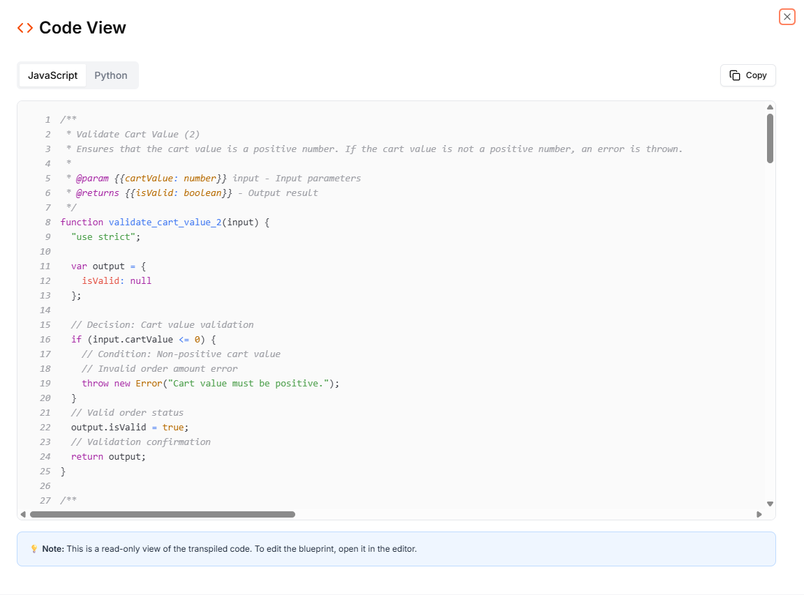 The Code View dialog showing transpiled JavaScript with syntax highlighting
