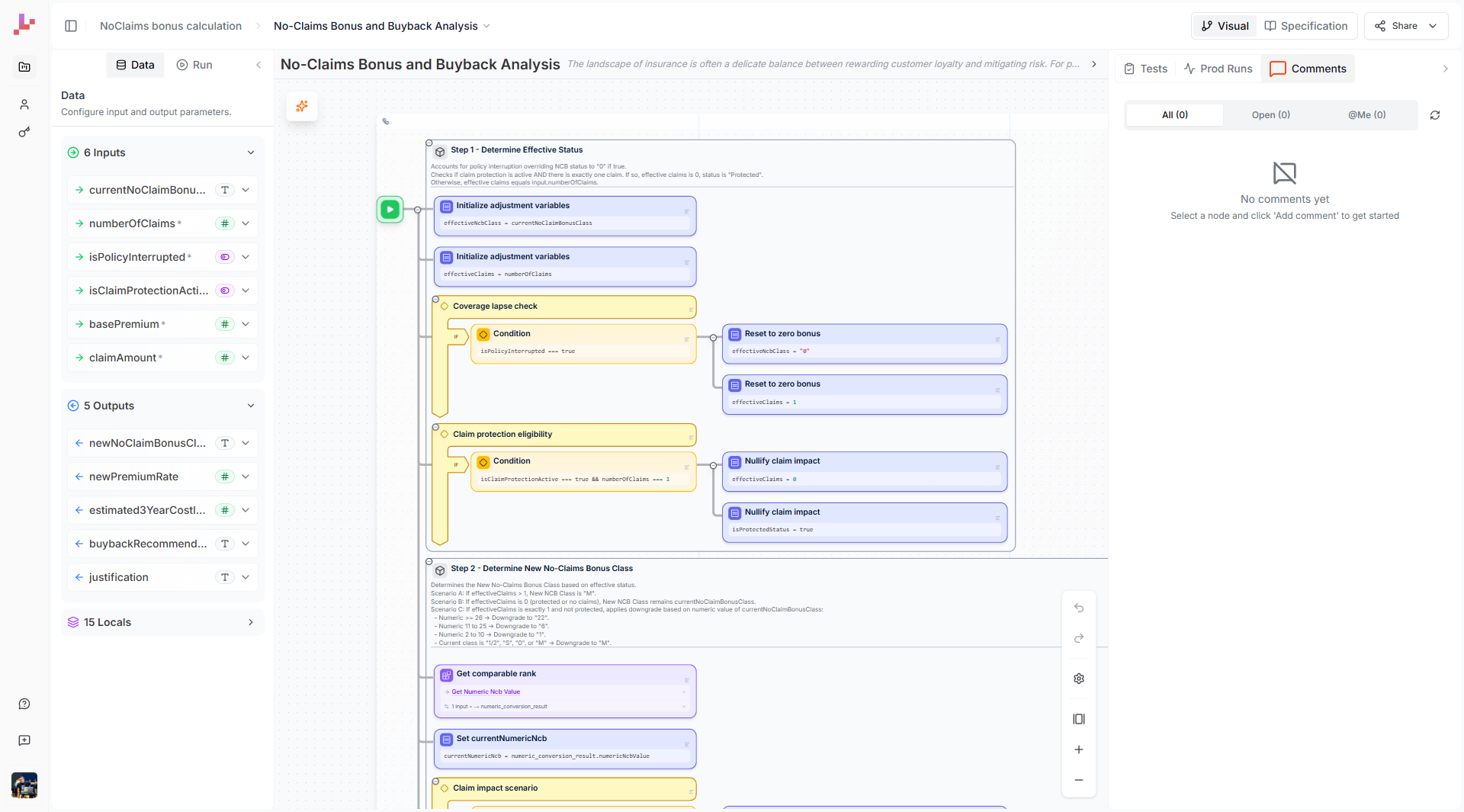 The Comments panel showing tabs for All, Open, and @Me