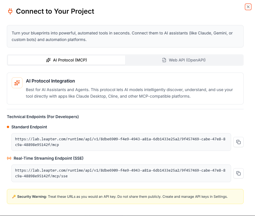 The Connect dialog showing the AI Protocol (MCP) tab with endpoint URLs