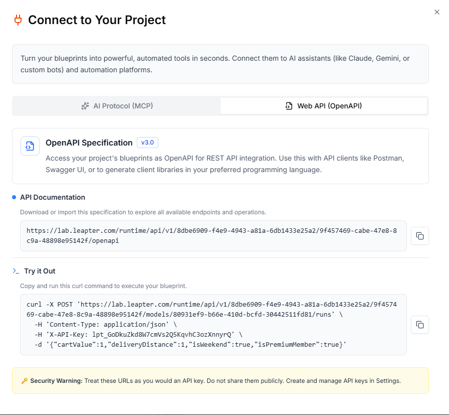 The Connect dialog showing the Web API (OpenAPI) tab with the spec URL and curl example