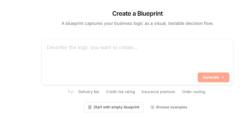 The Create Blueprint page with prompt field, Generate button, and suggestion chips