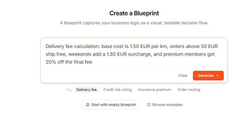 Prompt filled with a delivery fee description, Generate button active