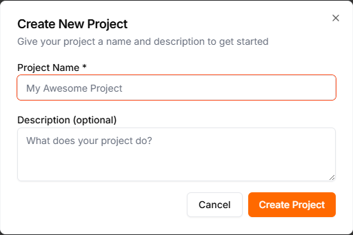 The Create New Project dialog with fields for project name and description
