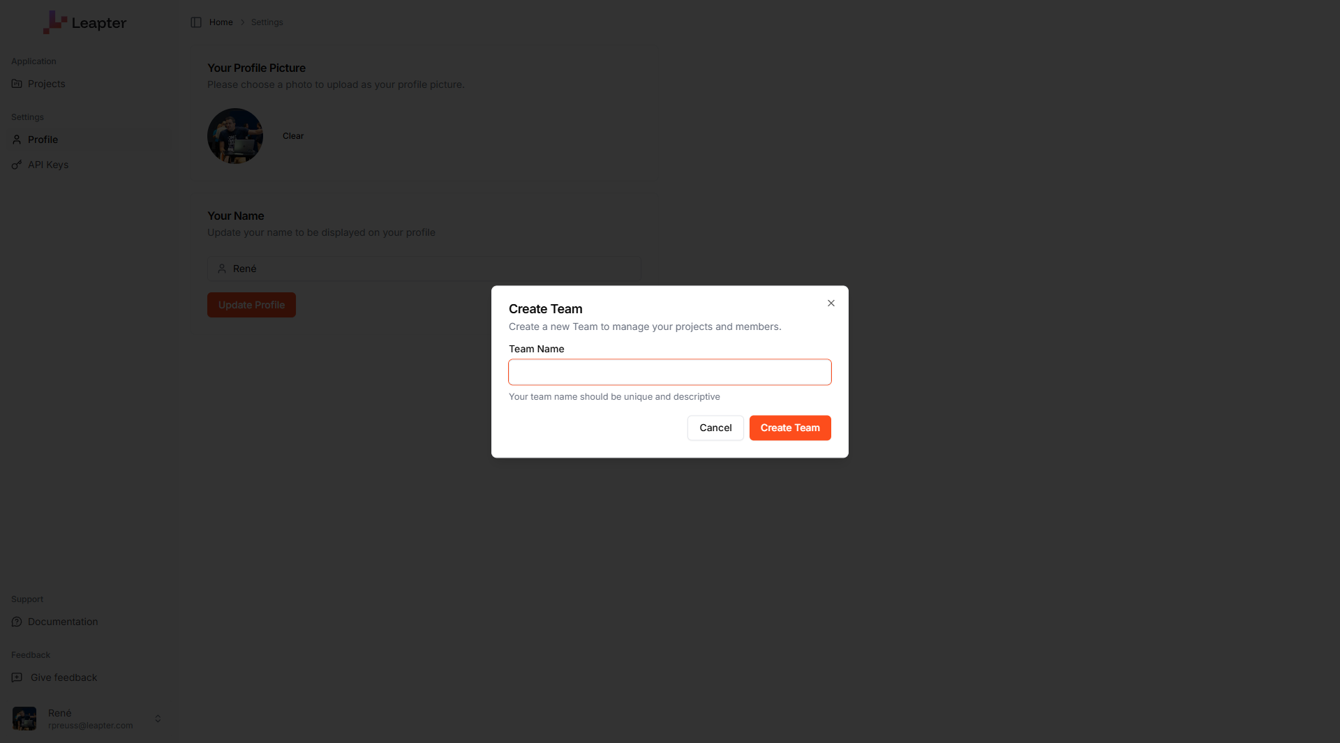 The Create Team dialog with a Team Name field