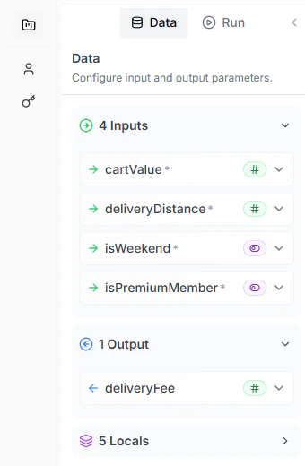 The left panel showing the Data tab with inputs, outputs, and local variables