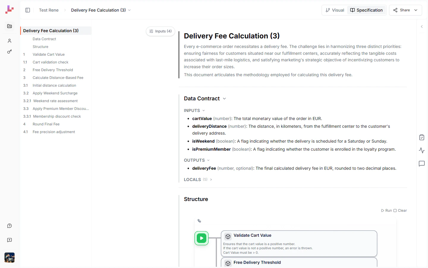 The Specification view showing the Delivery Fee Calculation blueprint as a structured document